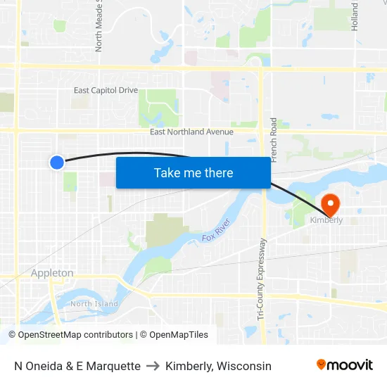 N Oneida & E Marquette to Kimberly, Wisconsin map