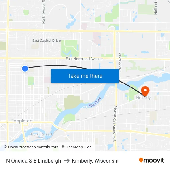 N Oneida & E Lindbergh to Kimberly, Wisconsin map