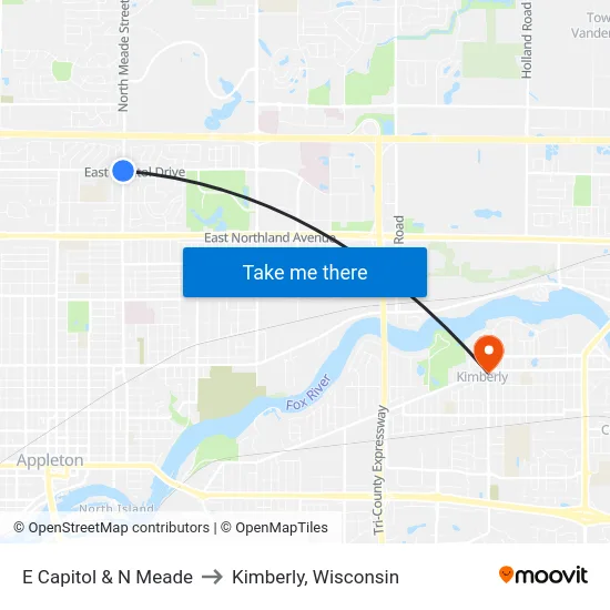 E Capitol & N Meade to Kimberly, Wisconsin map