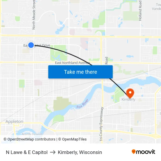 N Lawe & E Capitol to Kimberly, Wisconsin map