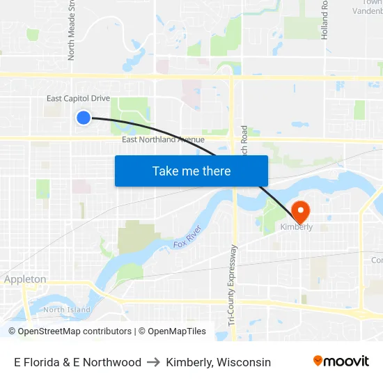 E Florida & E Northwood to Kimberly, Wisconsin map
