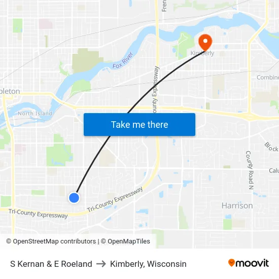 S Kernan & E Roeland to Kimberly, Wisconsin map