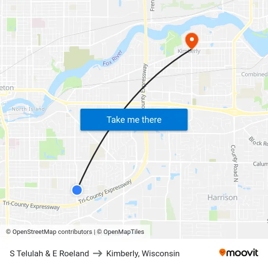 S Telulah & E Roeland to Kimberly, Wisconsin map