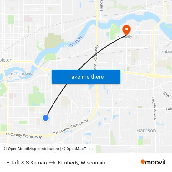 E Taft & S Kernan to Kimberly, Wisconsin map