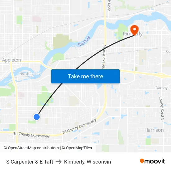 S Carpenter & E Taft to Kimberly, Wisconsin map