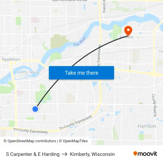 S Carpenter & E Harding to Kimberly, Wisconsin map