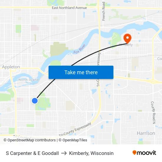S Carpenter & E Goodall to Kimberly, Wisconsin map