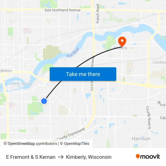 E Fremont & S Kernan to Kimberly, Wisconsin map