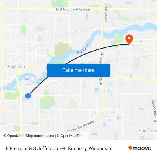 E Fremont & S Jefferson to Kimberly, Wisconsin map