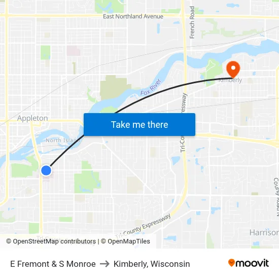 E Fremont & S Monroe to Kimberly, Wisconsin map