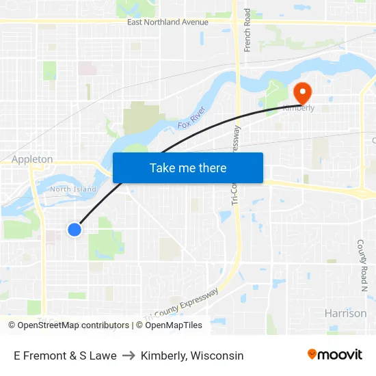 E Fremont & S Lawe to Kimberly, Wisconsin map