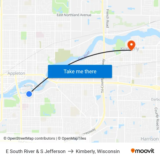E South River & S Jefferson to Kimberly, Wisconsin map