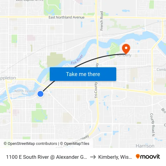 1100 E South River @ Alexander Gym Entrance to Kimberly, Wisconsin map