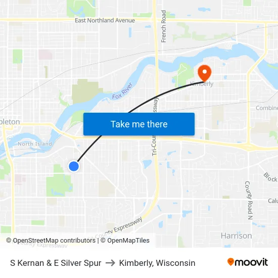 S Kernan & E Silver Spur to Kimberly, Wisconsin map