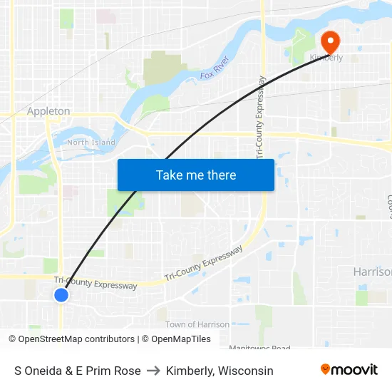 S Oneida & E Prim Rose to Kimberly, Wisconsin map