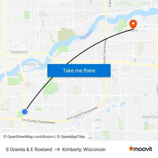S Oneida & E Roeland to Kimberly, Wisconsin map