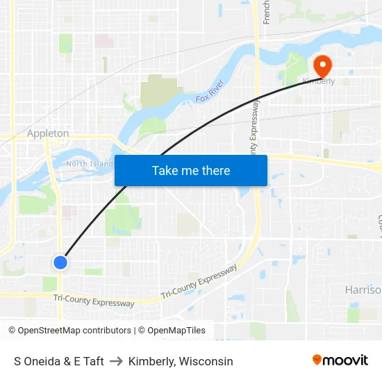 S Oneida & E Taft to Kimberly, Wisconsin map