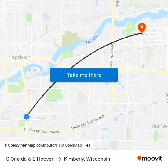S Oneida & E Hoover to Kimberly, Wisconsin map