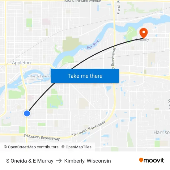 S Oneida & E Murray to Kimberly, Wisconsin map