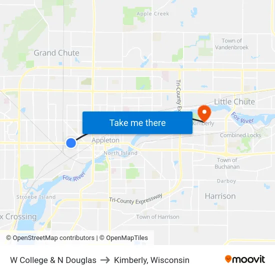 W College & N Douglas to Kimberly, Wisconsin map