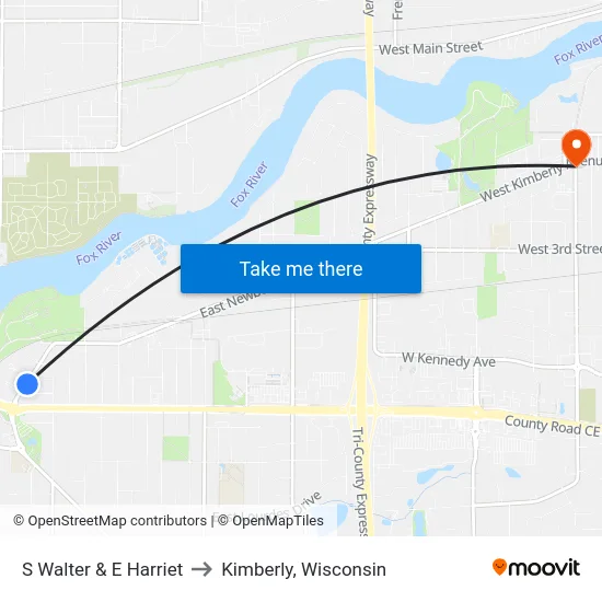 S Walter & E Harriet to Kimberly, Wisconsin map