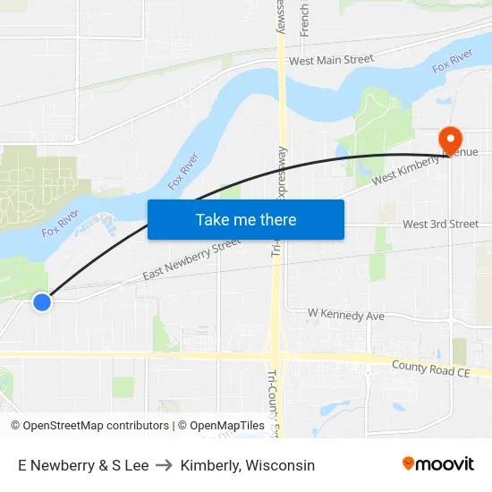 E Newberry & S Lee to Kimberly, Wisconsin map