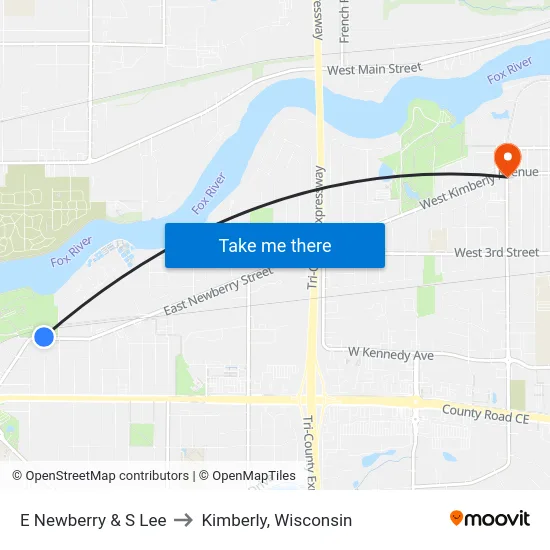 E Newberry & S Lee to Kimberly, Wisconsin map