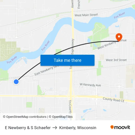 E Newberry & S Schaefer to Kimberly, Wisconsin map