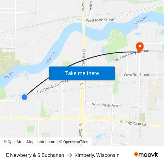 E Newberry & S Buchanan to Kimberly, Wisconsin map