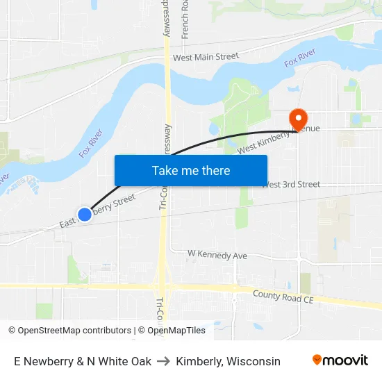 E Newberry & N White Oak to Kimberly, Wisconsin map