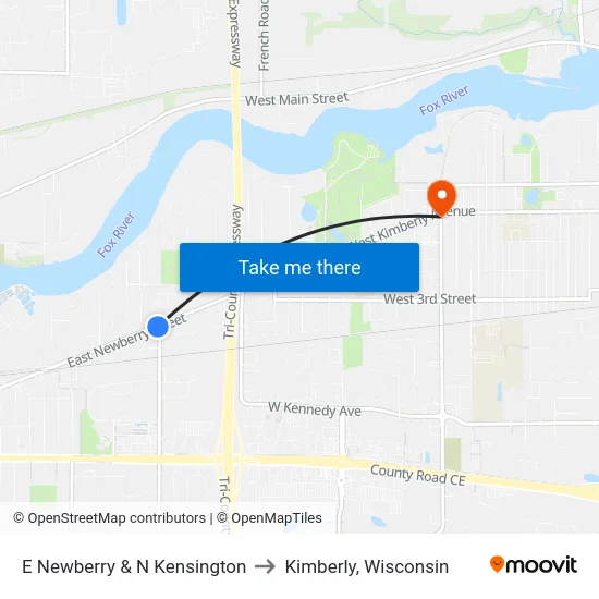 E Newberry & N Kensington to Kimberly, Wisconsin map