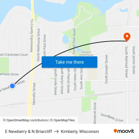 E Newberry & N Briarcliff to Kimberly, Wisconsin map