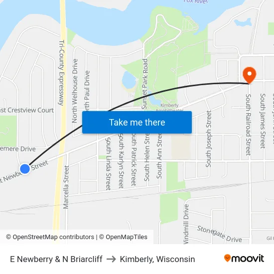 E Newberry & N Briarcliff to Kimberly, Wisconsin map
