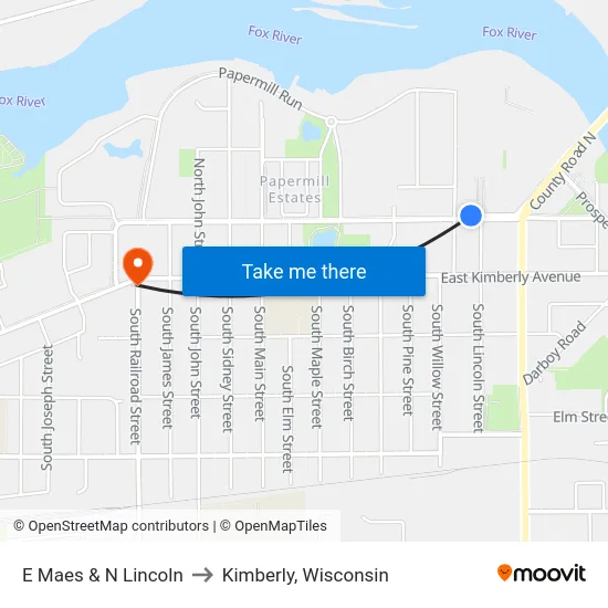 E Maes & N Lincoln to Kimberly, Wisconsin map