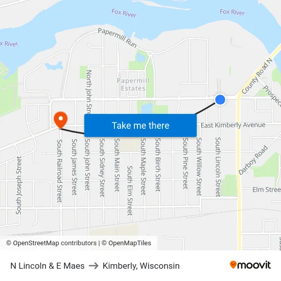 N Lincoln & E Maes to Kimberly, Wisconsin map