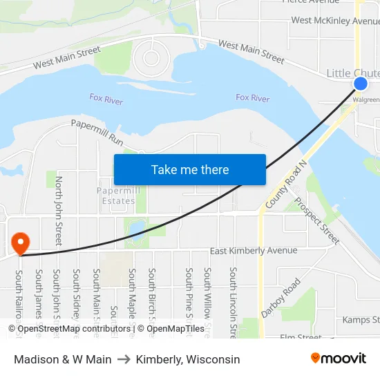 Madison & W Main to Kimberly, Wisconsin map