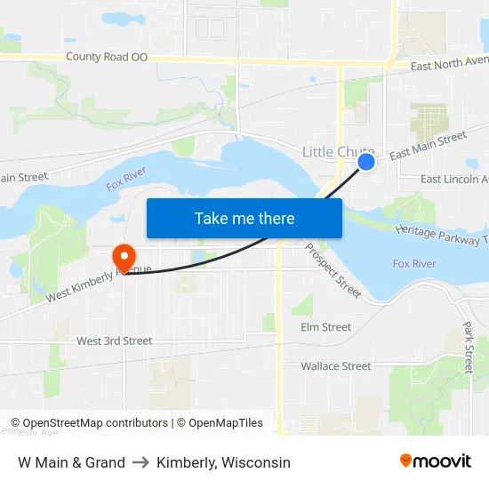 W Main & Grand to Kimberly, Wisconsin map