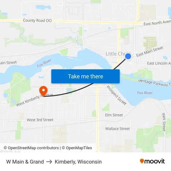 W Main & Grand to Kimberly, Wisconsin map