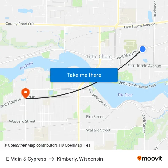 E Main & Cypress to Kimberly, Wisconsin map