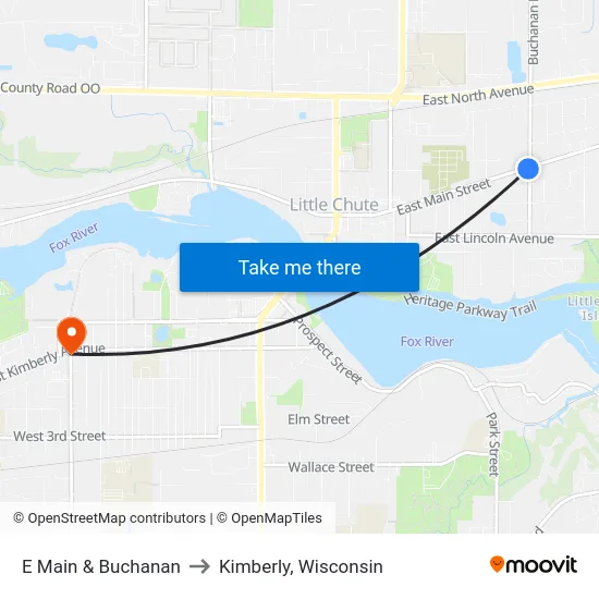 E Main & Buchanan to Kimberly, Wisconsin map
