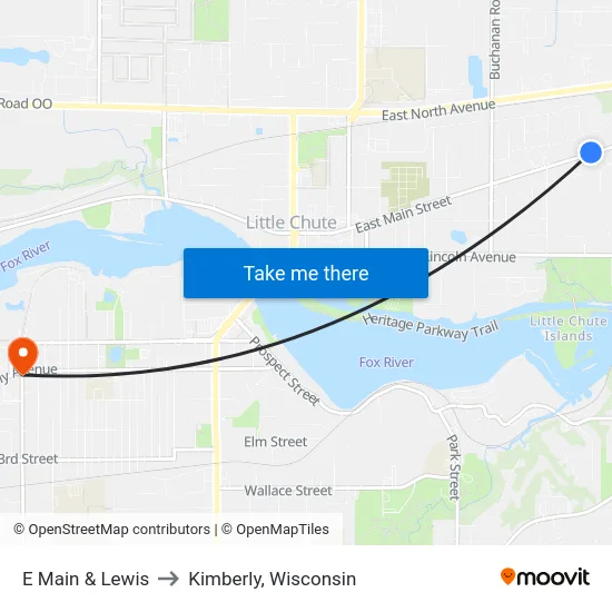 E Main & Lewis to Kimberly, Wisconsin map
