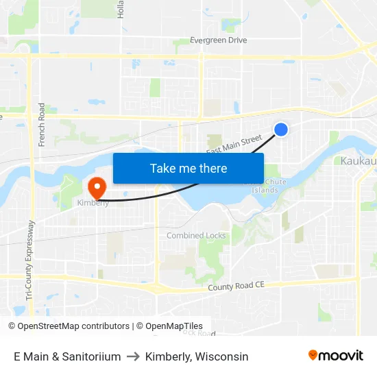 E Main & Sanitoriium to Kimberly, Wisconsin map