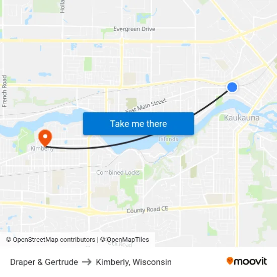 Draper & Gertrude to Kimberly, Wisconsin map