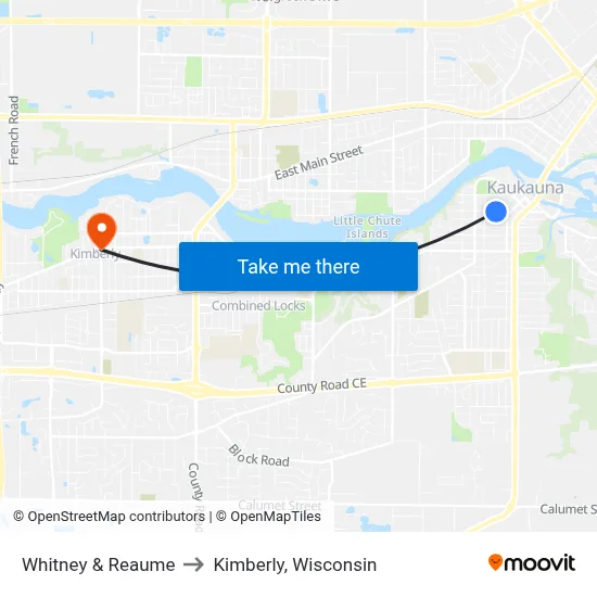 Whitney & Reaume to Kimberly, Wisconsin map