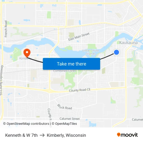 Kenneth & W 7th to Kimberly, Wisconsin map