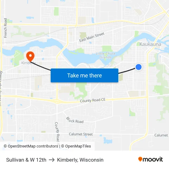 Sullivan & W 12th to Kimberly, Wisconsin map