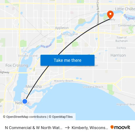 N Commercial & W North Water to Kimberly, Wisconsin map