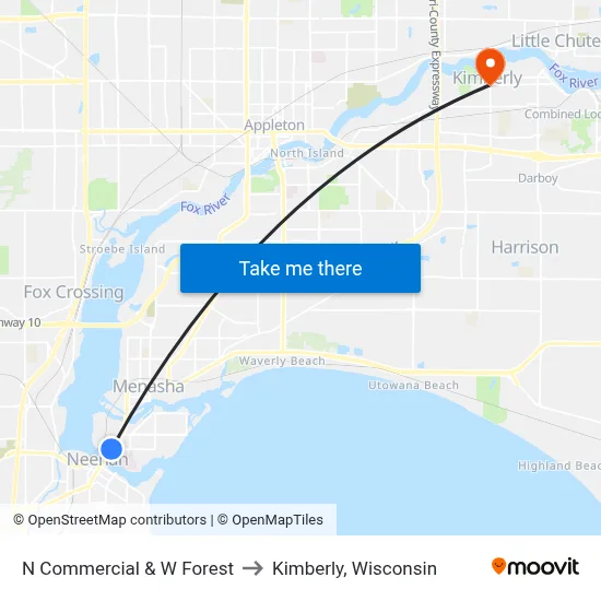 N Commercial & W Forest to Kimberly, Wisconsin map