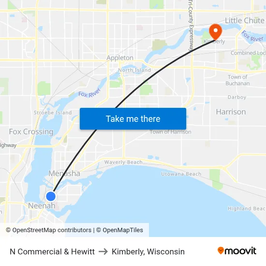 N Commercial & Hewitt to Kimberly, Wisconsin map