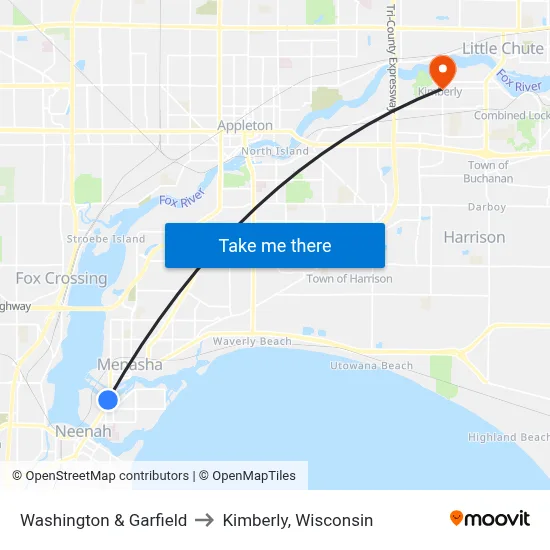 Washington & Garfield to Kimberly, Wisconsin map